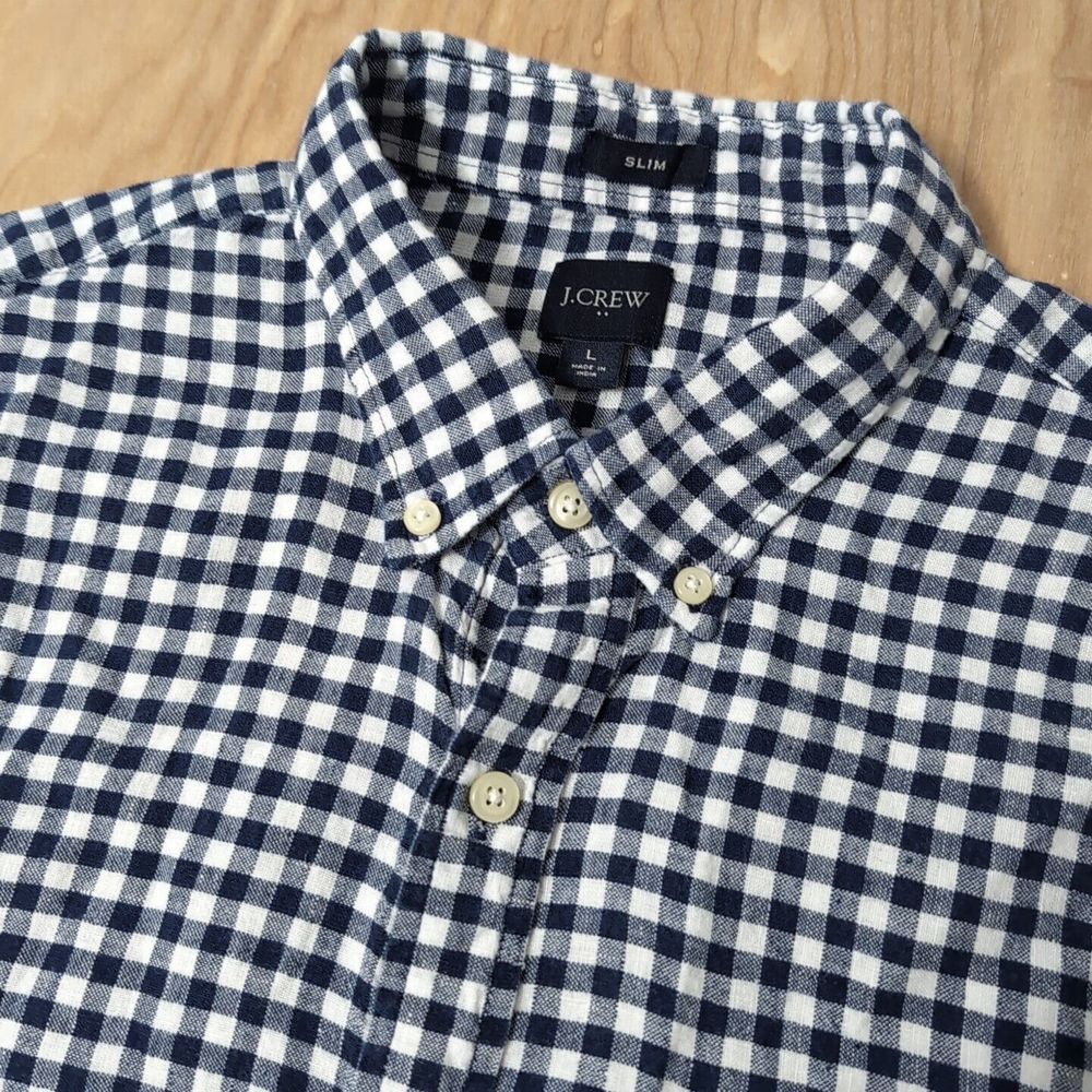 J. Crew Linen Blend Button Up Shirt Men's L Blue White S/S Checkered Lightweight